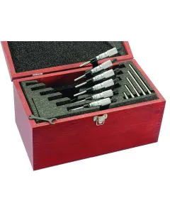 Starrett SV436.1MCXRLZ Outside Micrometer Set includes 25mm, 50mm, 75mm, 100mm, 125mm and 150mm micrometers, five standards, in case. 